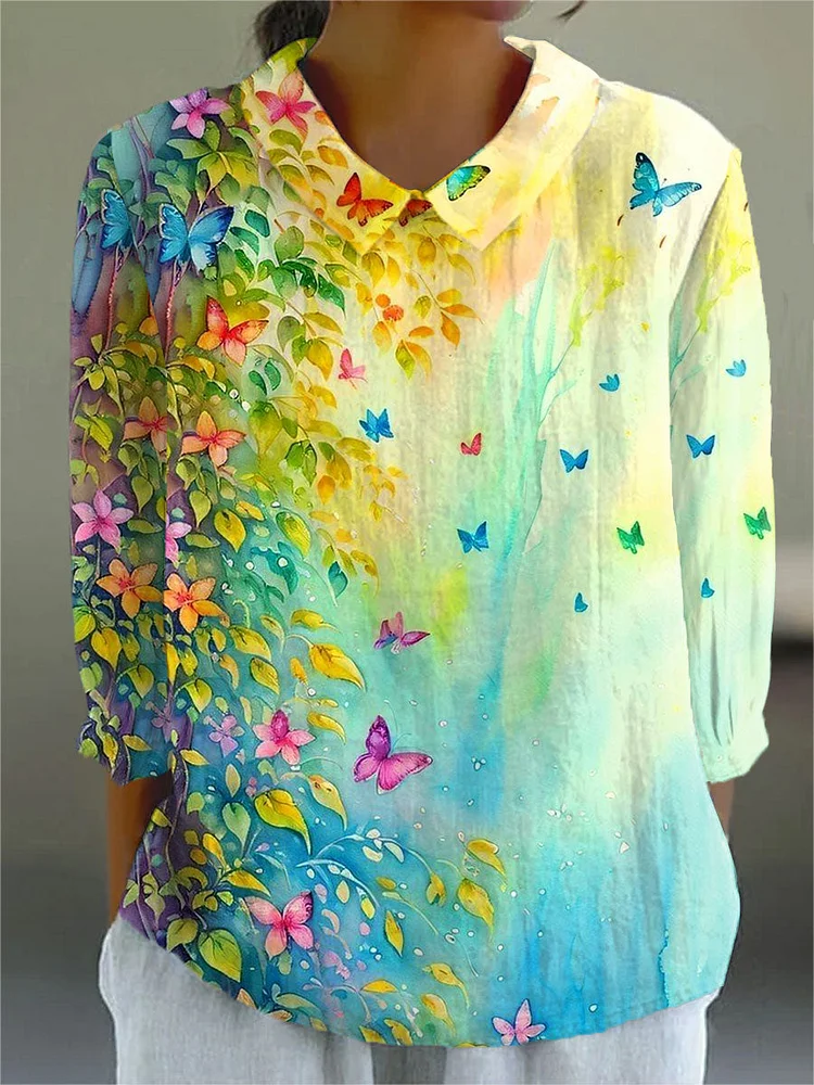 Women's  Gradient Floral  Butterfly  Art Print Casual Cotton And Linen 3/4 Sleeve Shirt