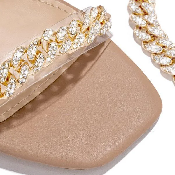 Chain Embellished Ankle Strap Chunky Heels