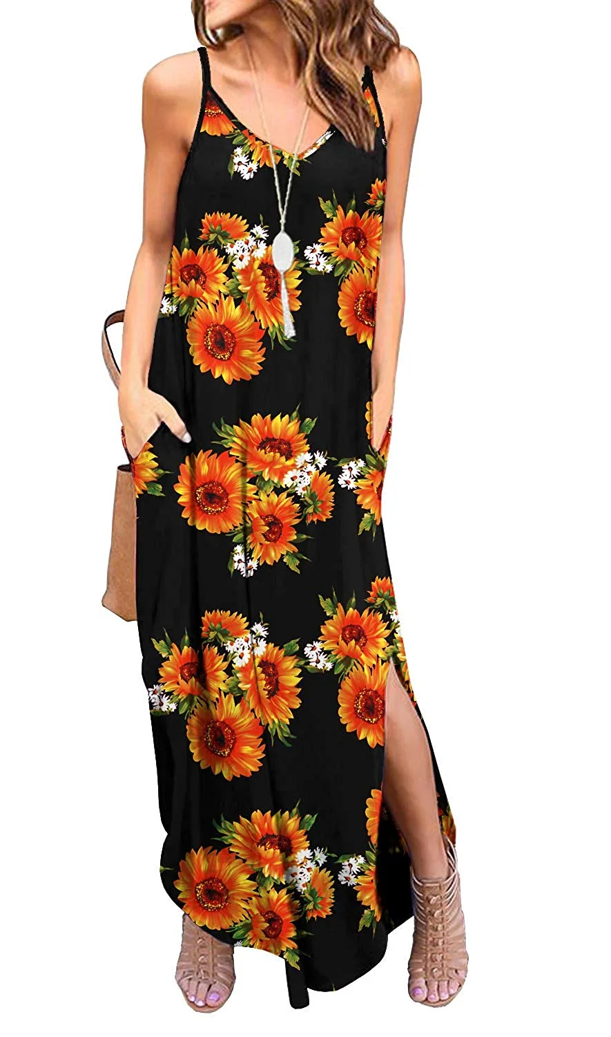 Women's Summer Casual Loose Dress Long Cami Maxi Dresses with Pocket