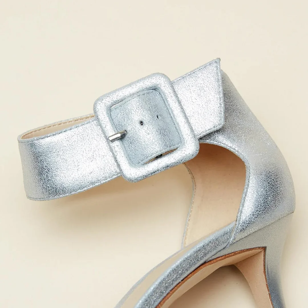 Silver Vegan Leather Distressed Buckle Fastening Ankle Strap Sandals