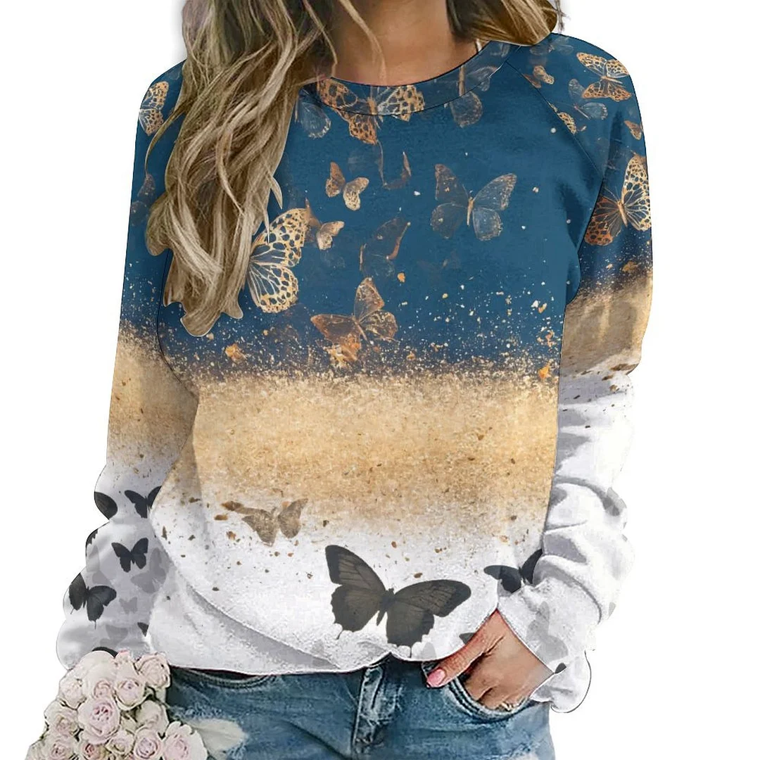Printed Long Sleeve Casual Sweatshirt for  Women and Men Unisex Pattern Butterfly, Blue, Glitter