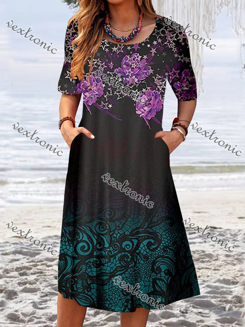 Women's Short Sleeve Scoop Neck Floral Printed Graphic Midi Dress