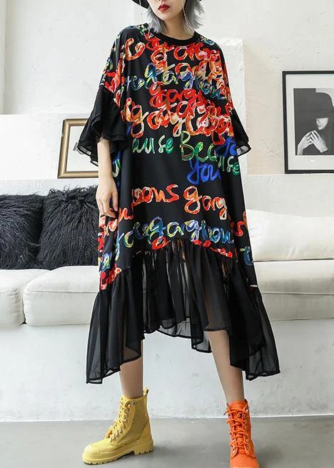 Bohemian black print cotton quilting clothes o neck patchwork Maxi summer Dress