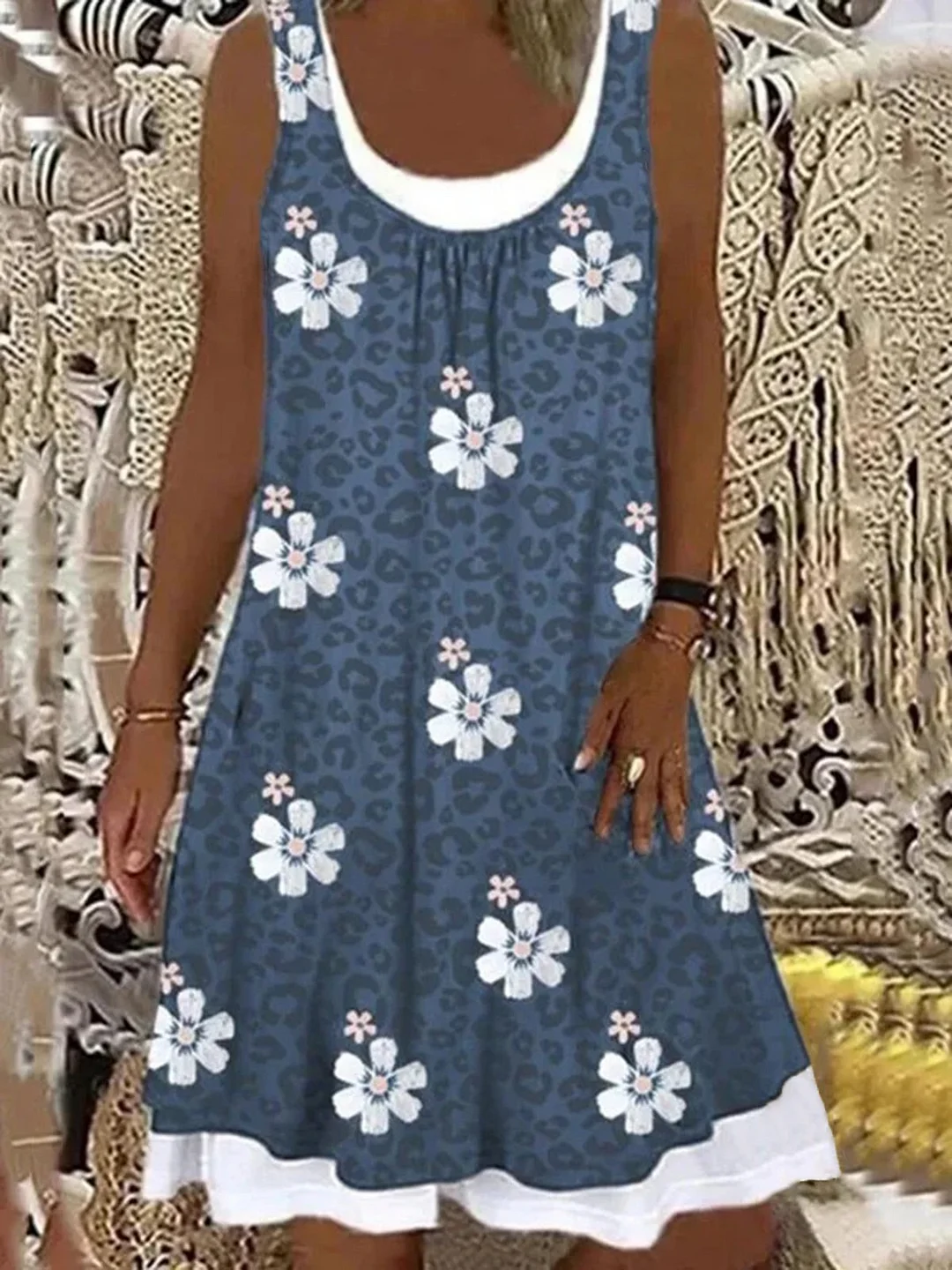 Floral Casual Patchwork Loosen Sleeveless A-line Dress | IFYHOME