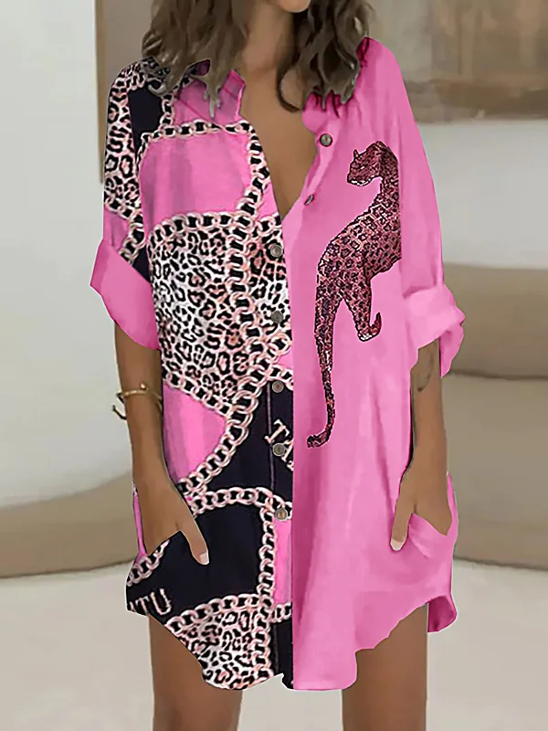 Long Sleeves Loose Animal Printed Buttoned Leopard Lapel Mini Dresses Shirt Dress