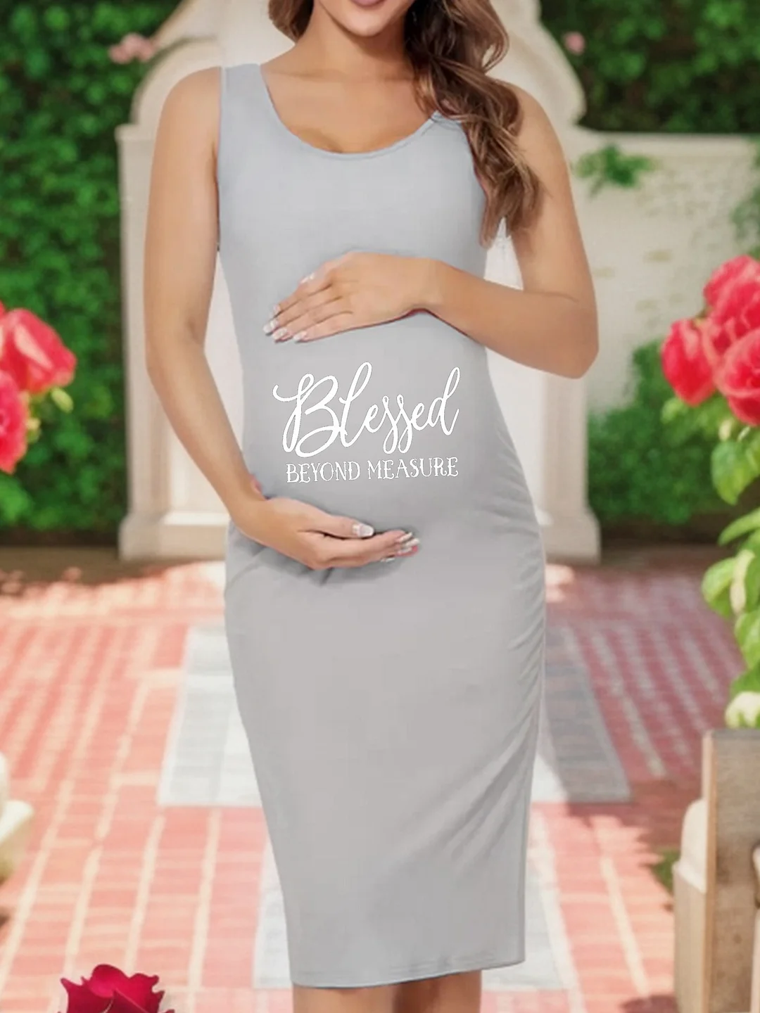 Women's Maternity Sleeveless Summer Dress - Black Ruched Side Detail With "Blessed Beyond Measure" Letter Print, Stretchy Comfort Fit Round Neck Casual Clothing & Daywear, Machine Washable, Comfortable Maternity Wear, Maternity Summer Clothe | IFYHOME