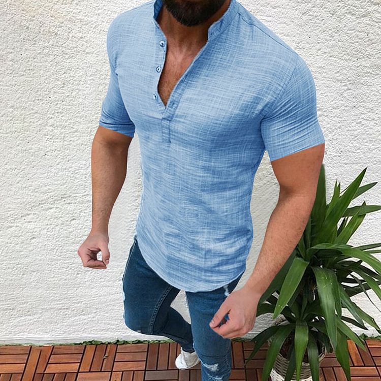 BrosWear Stand-up Collar Short Sleeve Shirt Light blue	
