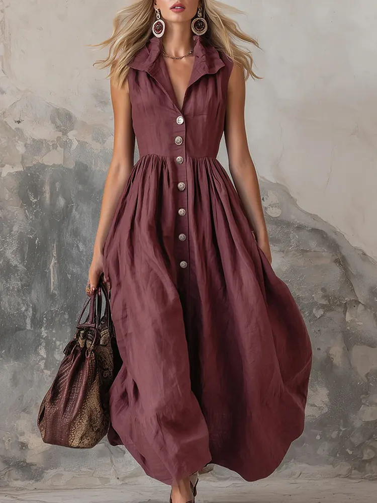 Women's Solid Color Lapel Sleeveless Casual Loose Cotton Dress