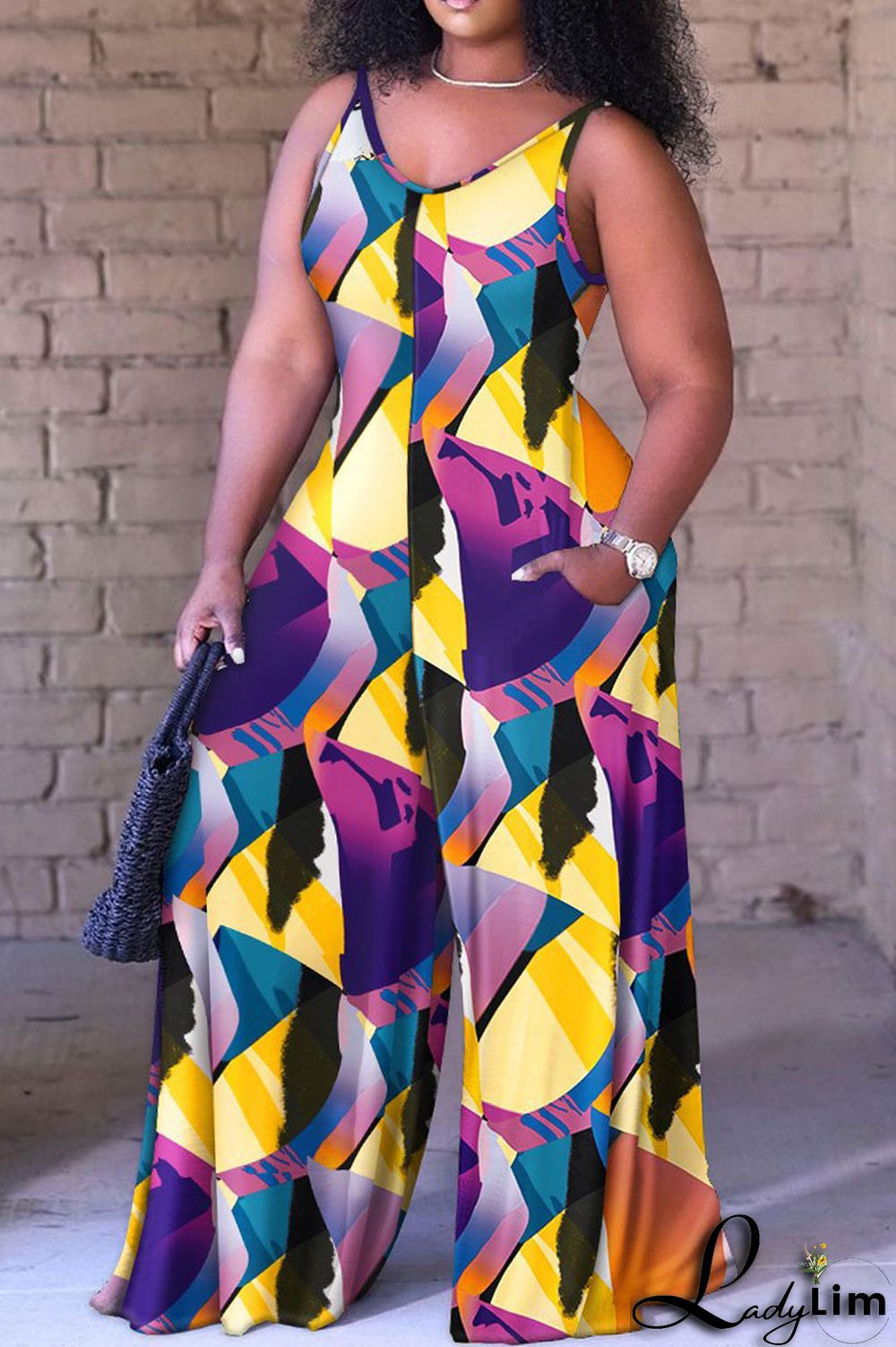 Black White Casual Street Print Spaghetti Strap Loose Jumpsuits