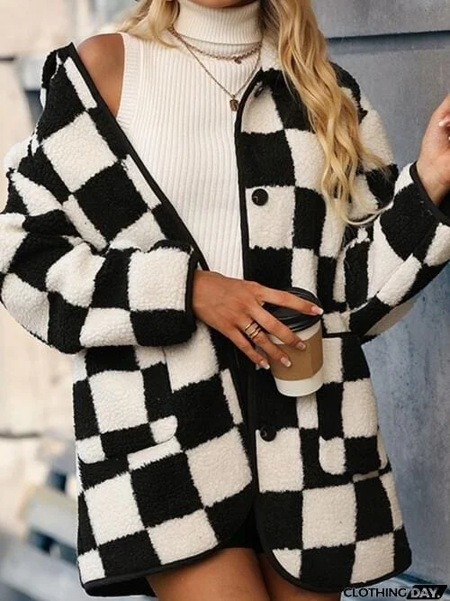 Plus Size Checkered Button Front Coat with Pockets