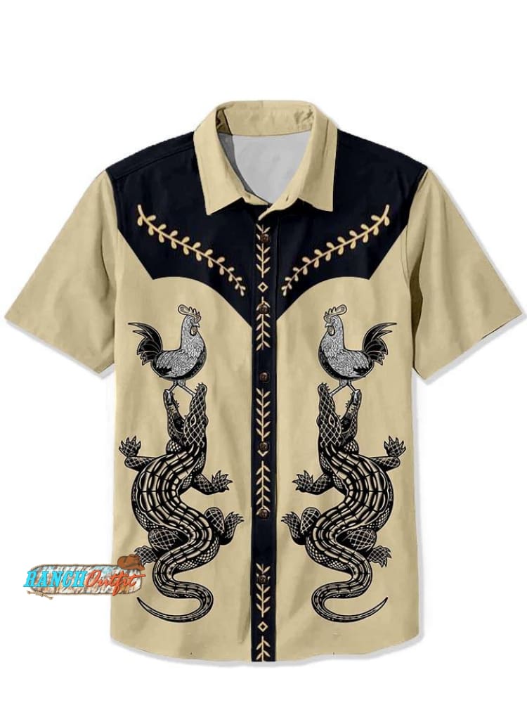 Vintage Chicken Crocodile Print Casual 100% Cotton Shirt Multicolor / S