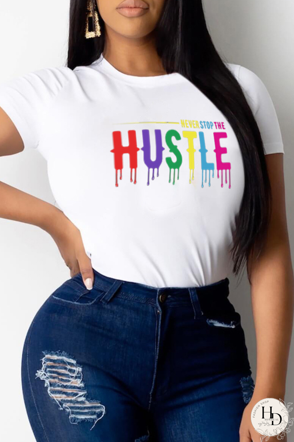 White Casual Print Split Joint O Neck T-Shirts