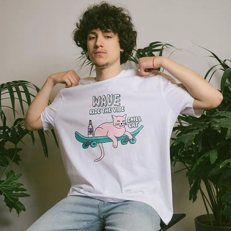 Wave Ride The Vibe Chill Cat Printed Men's T-shirt