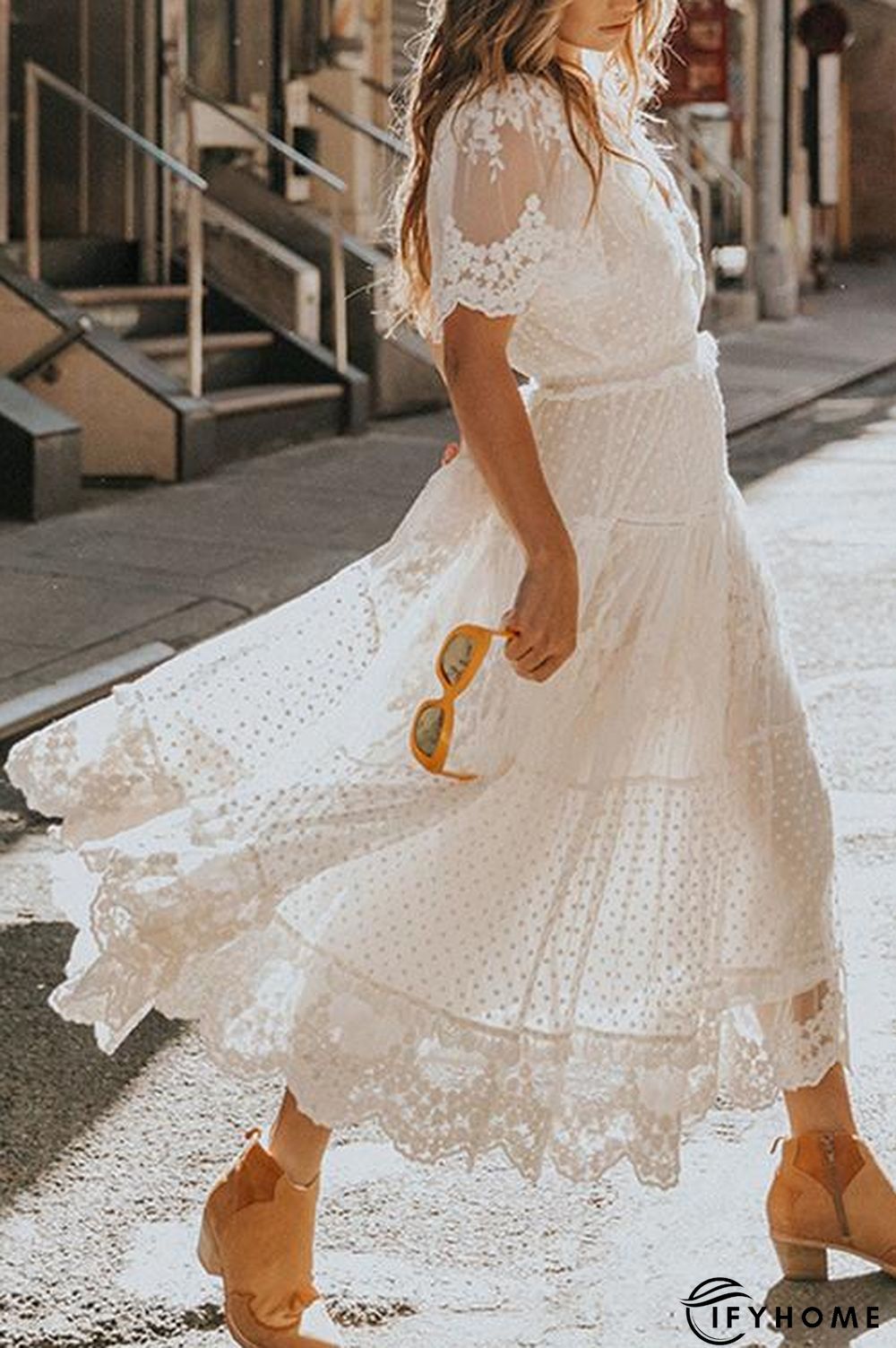 Button Lace V Neck Short Sleeve Maxi Dress | IFYHOME