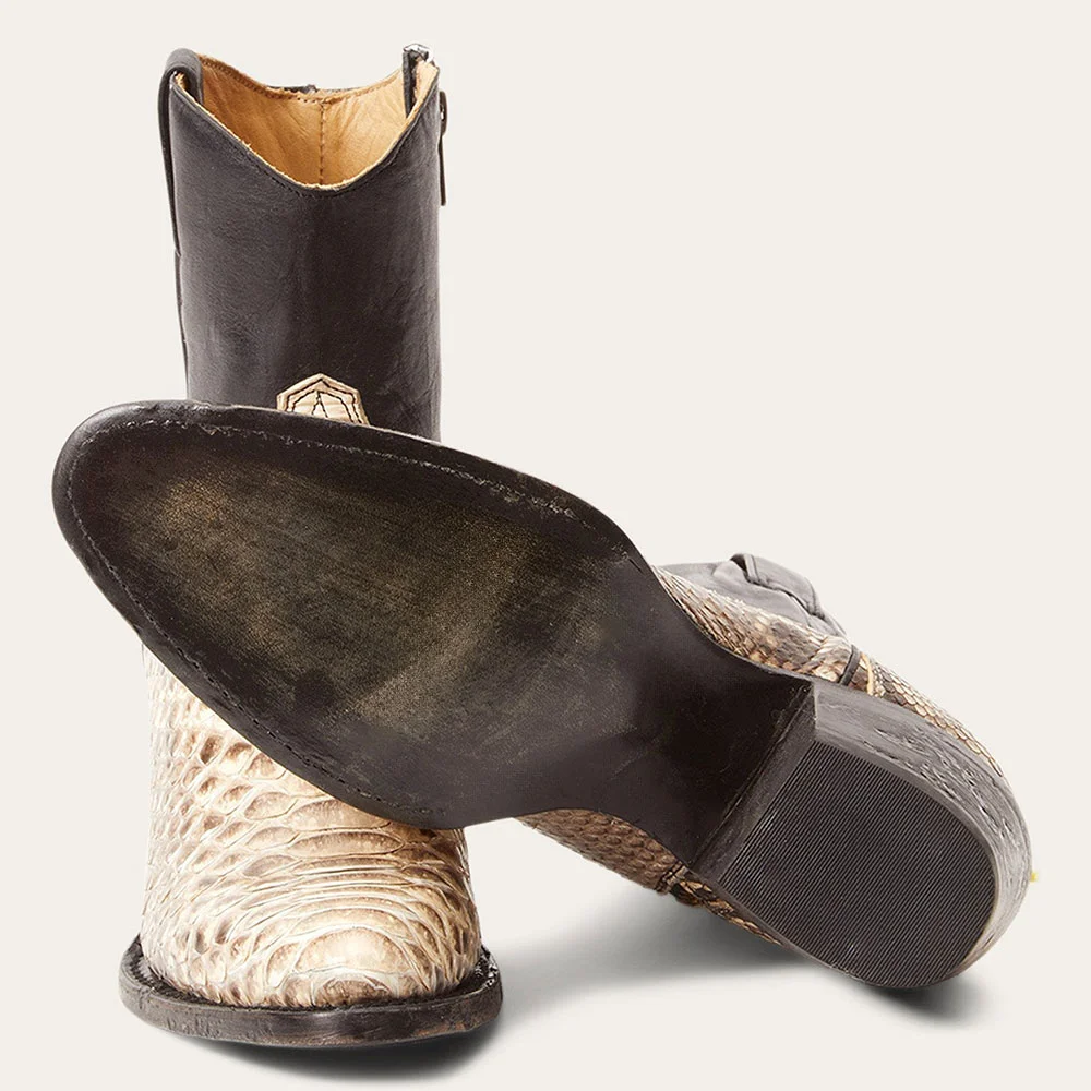 Python-Embossed Patchwork Almond Toe Chunky Heel Short Cowgirl Boots