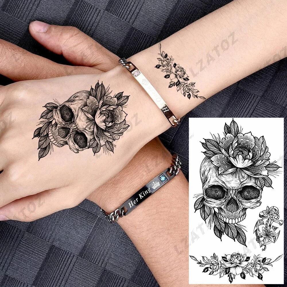 Sdrawing Skull Temporary Tattoos For Woman Man Realistic Skeleton Fake Tattoo Sticker 3D Water Transfer Body Art Tatoos