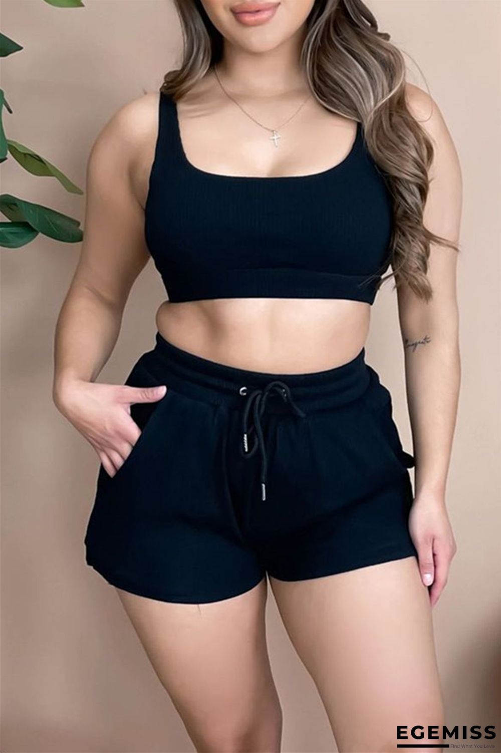 Black Casual Sportswear Solid Vests U Neck Sleeveless Two Pieces | EGEMISS