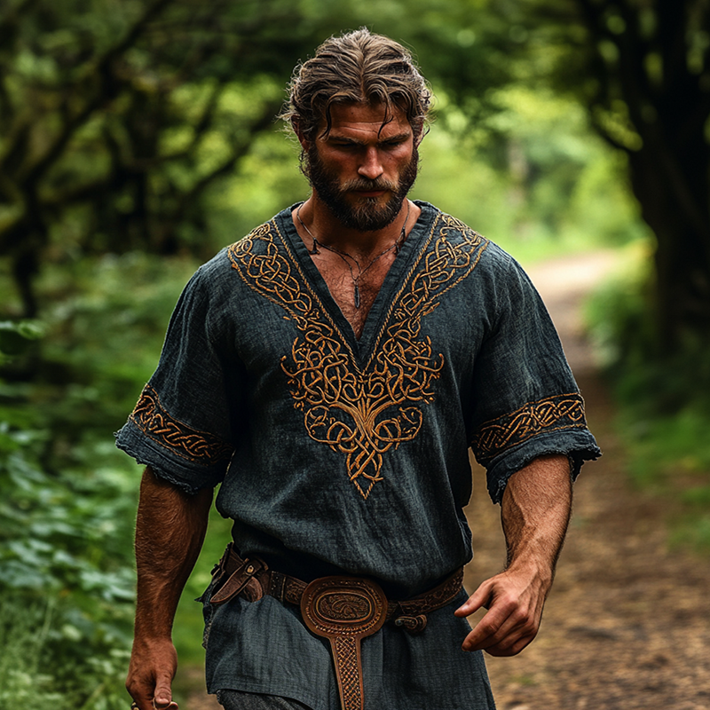 Men's Vintage Viking Celtic Knot Tree Of Life Pattern V Neck Linen Blend T-shirt