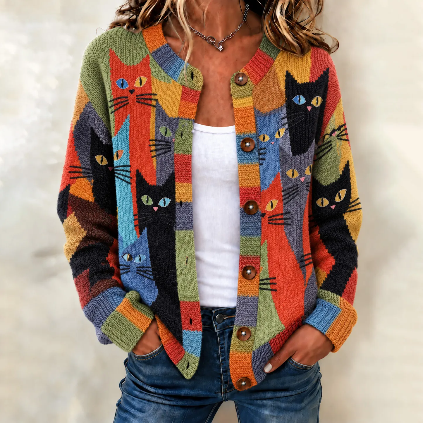 Comstylish Women's Abstract Art Colorful Cat Pattern Art Casual Knit Cardigan