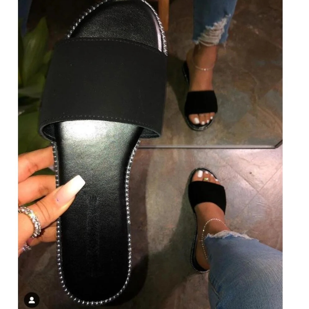 Women Summer Sandals Peep Toe Outside Slides Solid Black Flat Beach Shoes Comfortable Fashion Female Sandal Woman Footwear