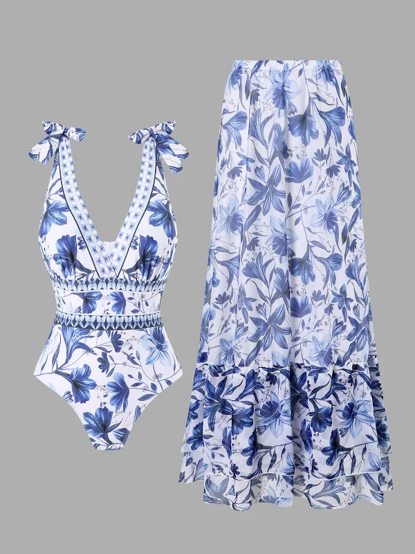 Summer Sunshine Beach V-Neck Plant Print Bikini One-Piece Swimsuit & Skirt