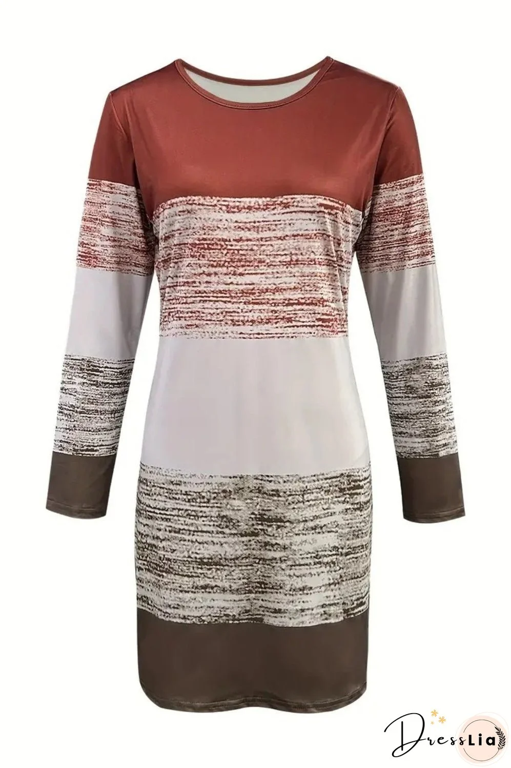 Color Block Round Neck Long Sleeve Dress