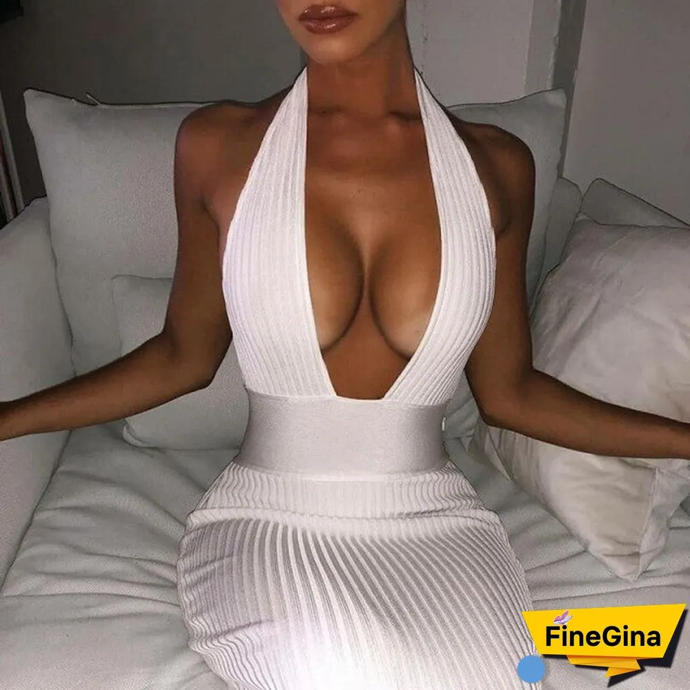 Halter Backless Sexy Knitted Pencil Dress Women White Off Shoulder Long Bodycon Party Dress Elegant Summer Dress