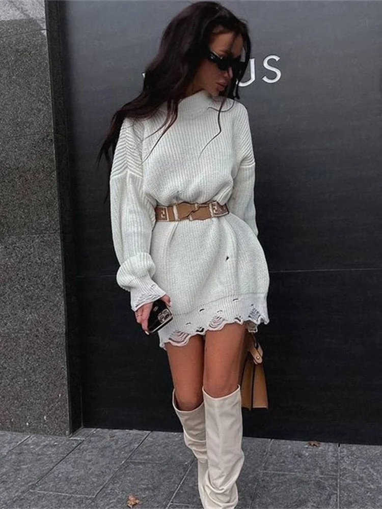 Jacuqeline O Neck Oversized Mini Knitted Women Sweater Dress 2021 Autumn Winter Long Sleeve Elegant Street Casual Loose Dresses