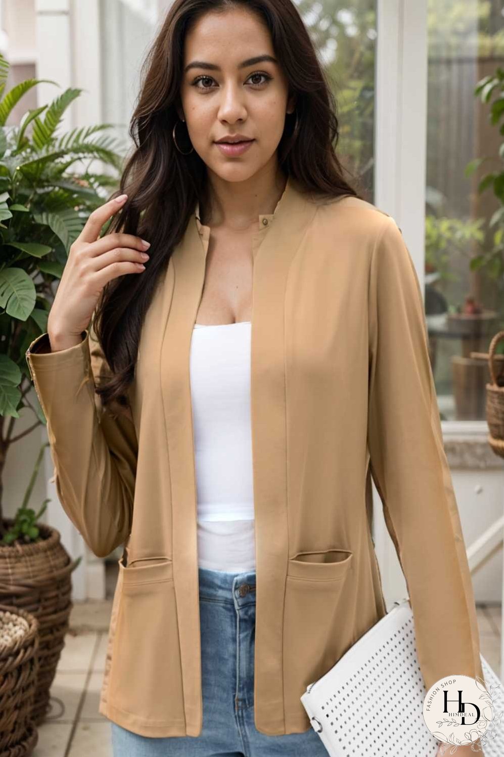 solid long sleeves pockets open front versatile blazer