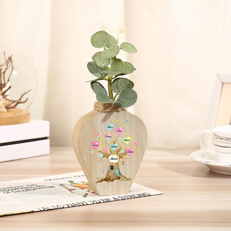 Florero de madera árbol de corazones 7 nombres personalizados con texto decoración del hogar