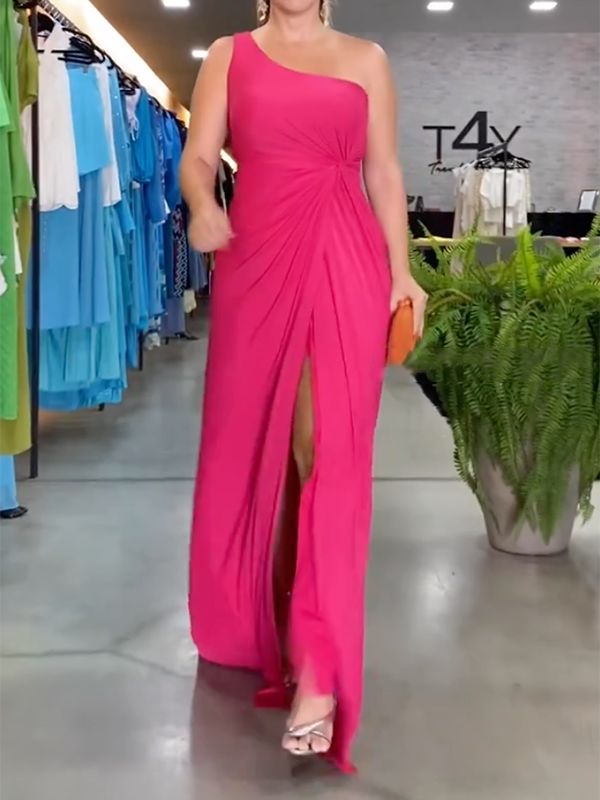 Asymmetric Solid Color Split-Side Sleeveless One-Shoulder Maxi Dresses