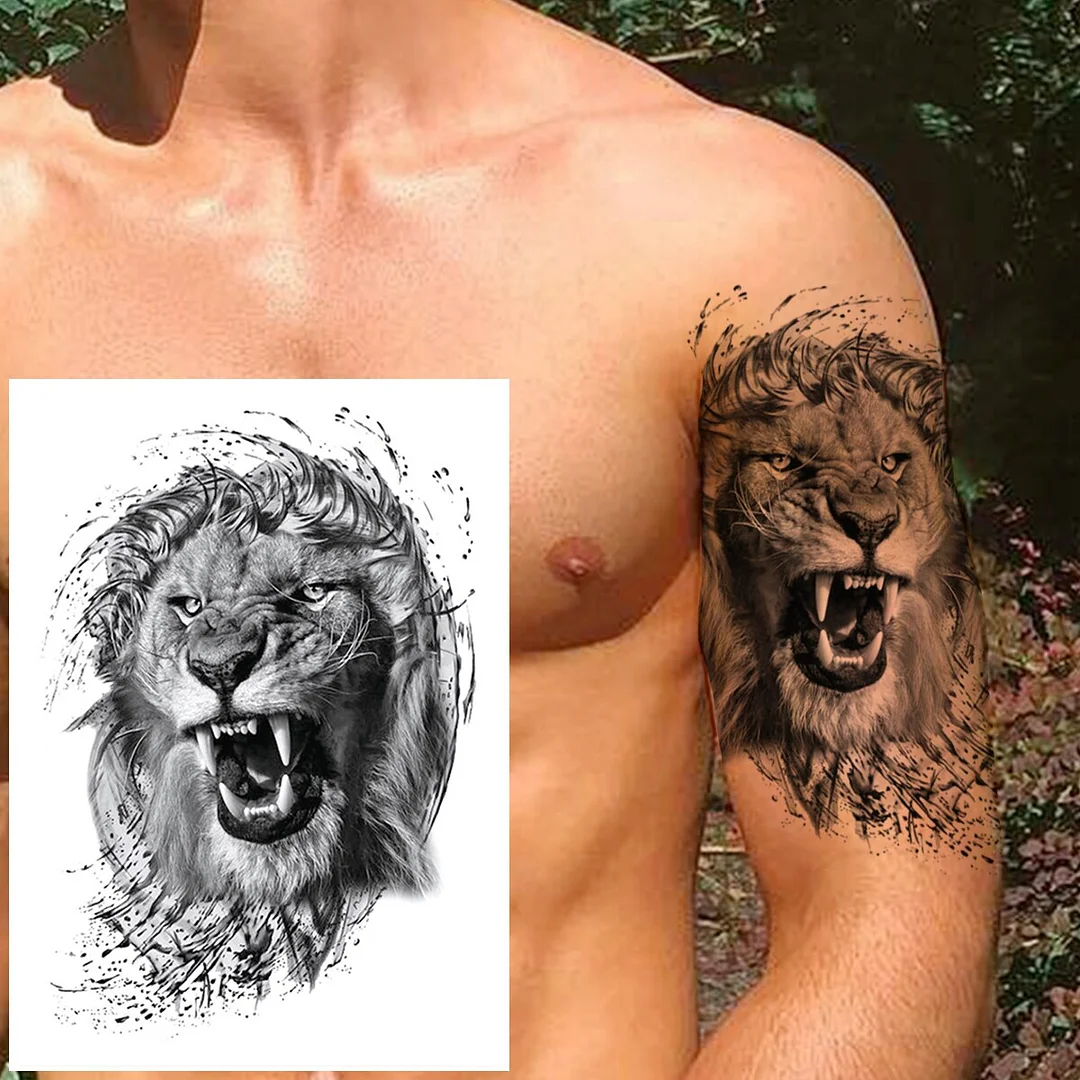 Ferocious Lion Tiger Temporary Tattoo For Men Women Adult Kid Sword Compass Flower Tattoos Sticker Fake Black Transferable Tatoo