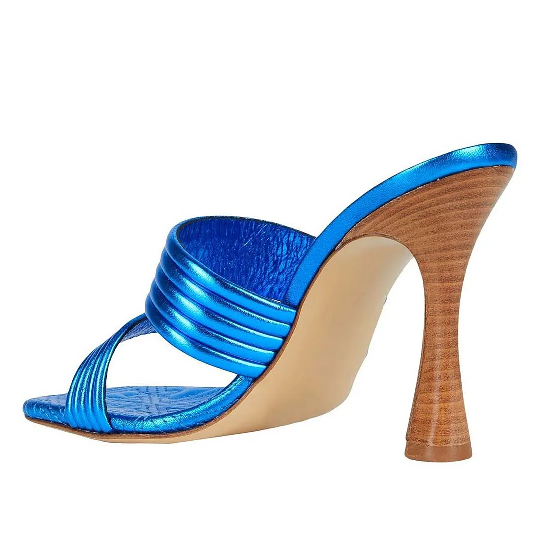 Metallic Blue Square Toe High Heel Double Strap Slip On Summer Sandals