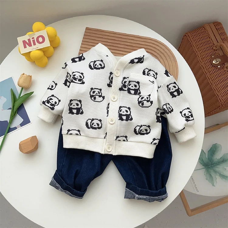 Baby Boy Panda Print Long Sleeve Cardigan with Denim Pants Set