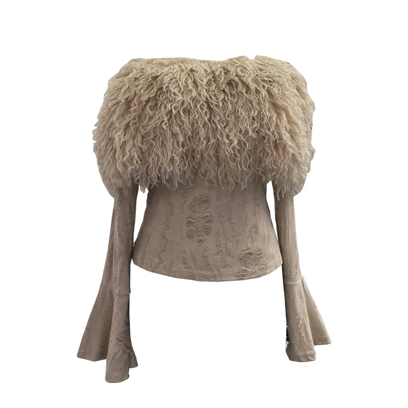 Uveng Sexy Wind Shoulder Hair Knitted Shirt Girl Short To Make Old Broken Long-Sleeved T-Shirt Top 2988