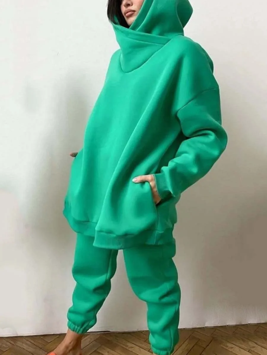 Two-piece suit of solid color casual hoodie and sweatpants