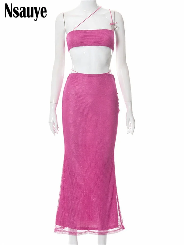 Nsauye 2022 Summer Y2K Women Clothing Mesh Dress Set Sexy Party Crop Tops And High Waist Long Skirt Two Piece Set Beach Outfits
