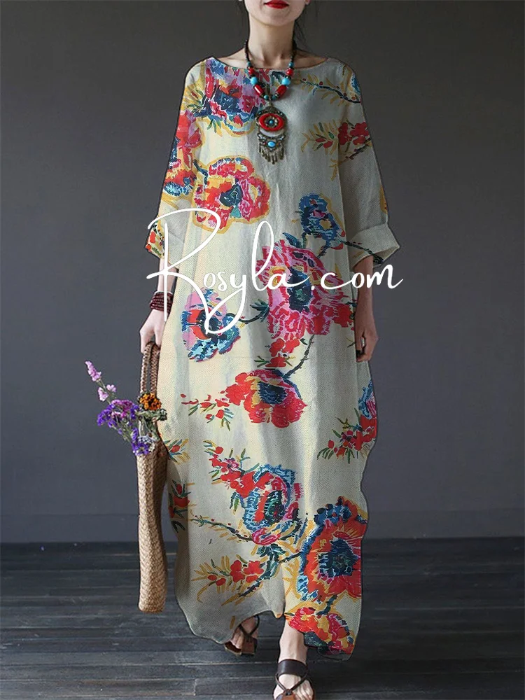 Women's Vintage Flory Print Loose Round Neck Medium Length Dress
