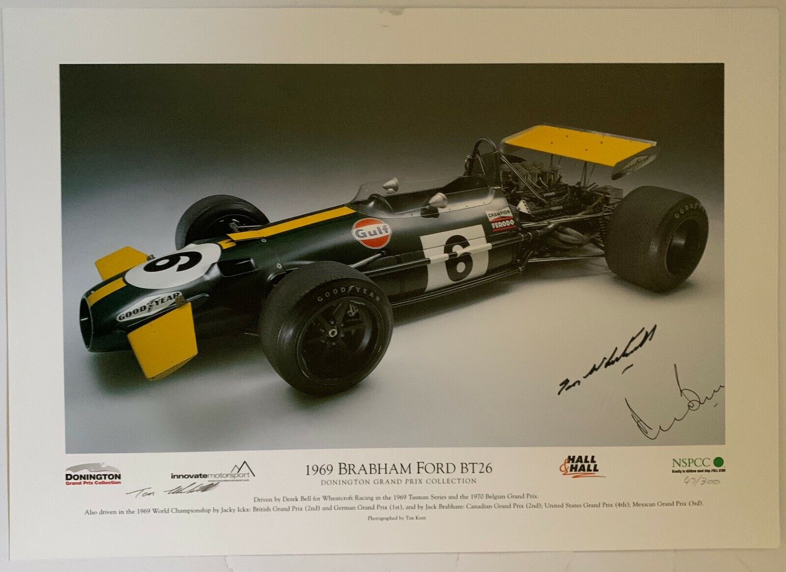 Derek Bell and Tom Wheatcroft Hand Signed 1969 Brabham Ford BT26 Photo Poster painting