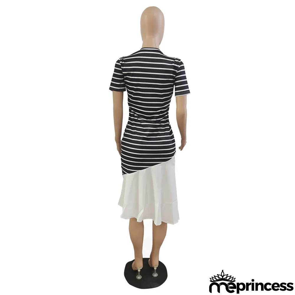 Women'S Spring Summer Stripe Print Patchwork Short Sleeve Dress Without Belt