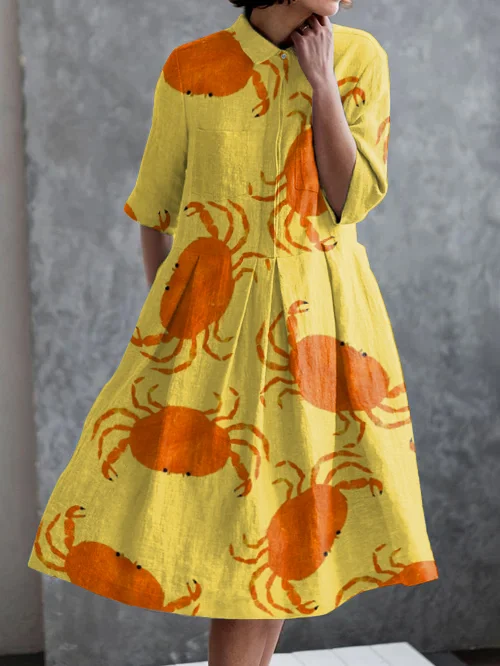 Holiday Crab Print Casual Pocket Half Sleeve Dress