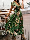 Floral Printed V-Neck Short Sleeves Maxi Dress