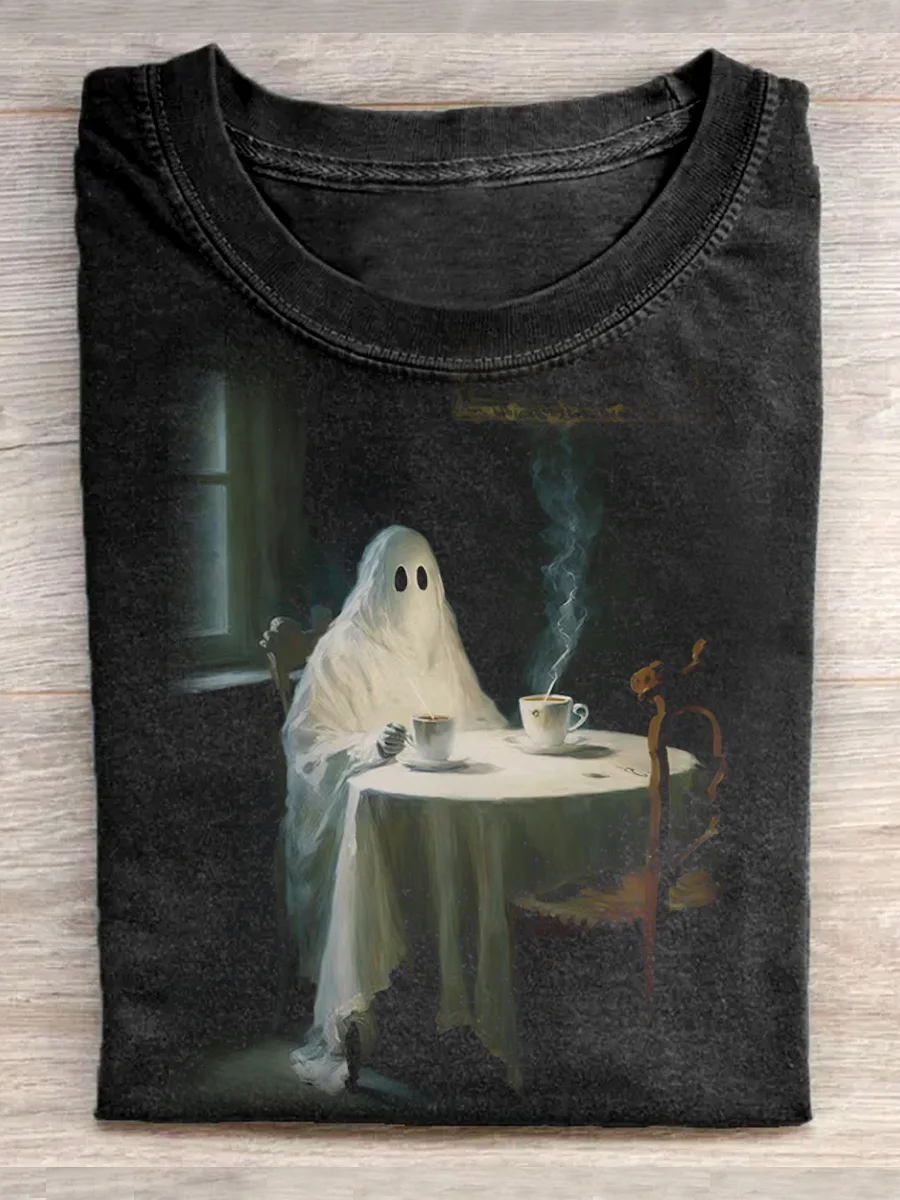 Vintage Ghost Drinking Tea Halloween T-shirt