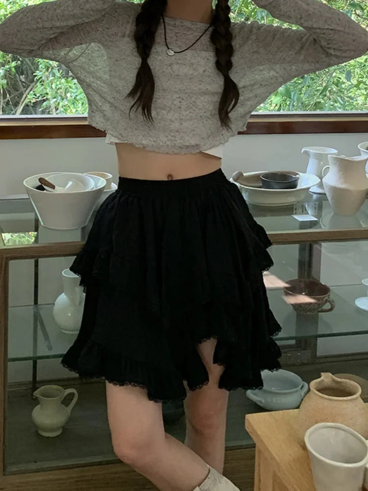 Huibahe Fairy Core Mini Skirt Women Elastic High Waist A-line Irregular Lace Trim Ruffles Cake Skirt Summer Mori Girl Style