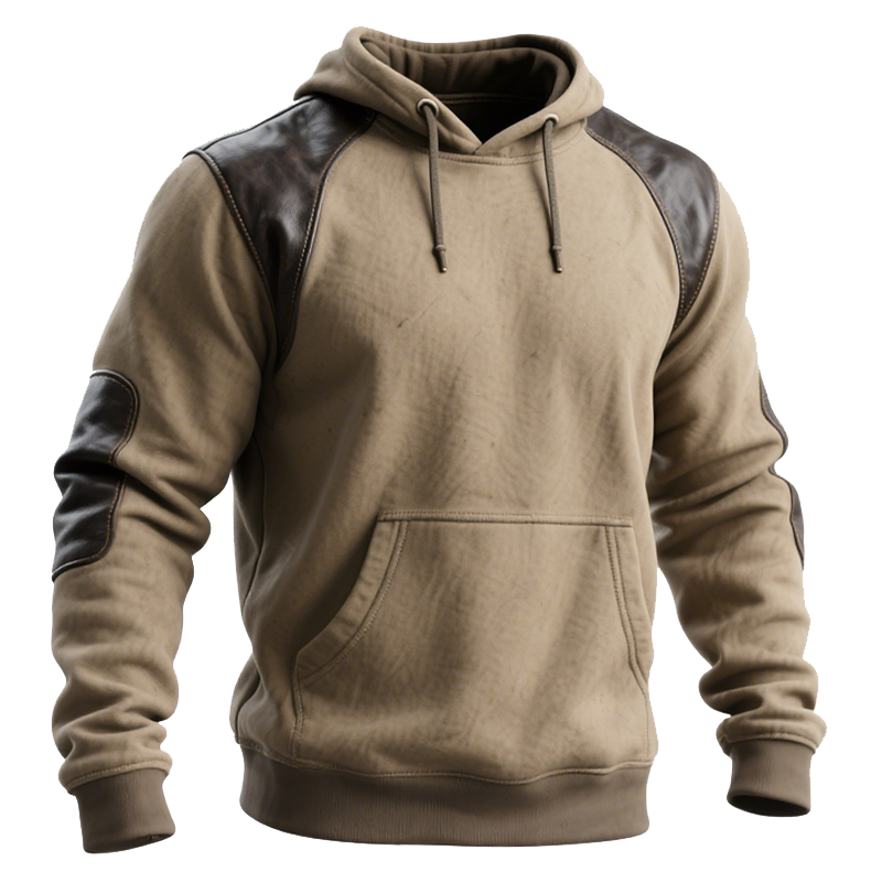 Leather Splicing Hooded Sweatshirt With Contrast Sleeves For Ultimate Comfort And Style
