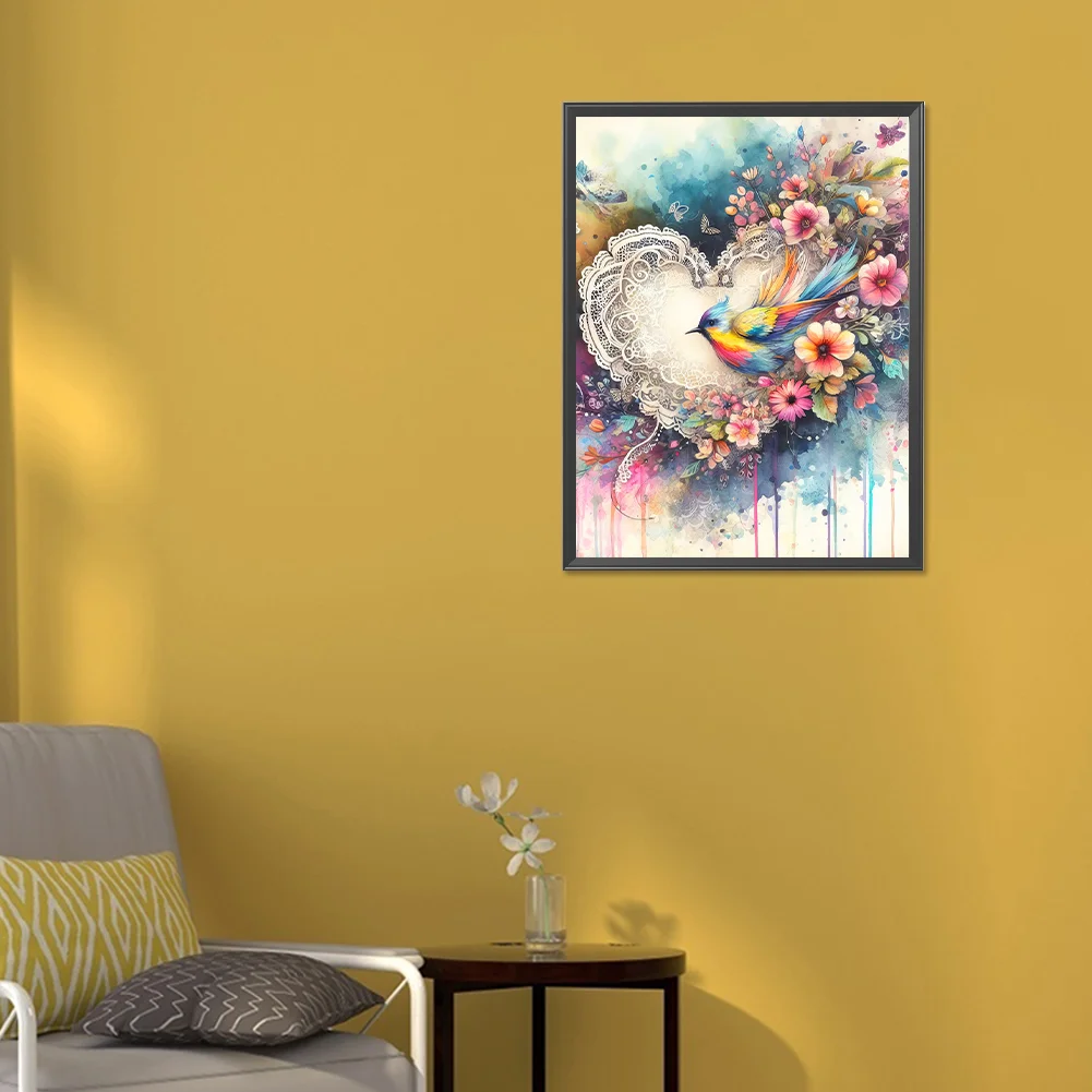Full Round Diamond Painting 30*40cm - Love Heart And Colorful Bird