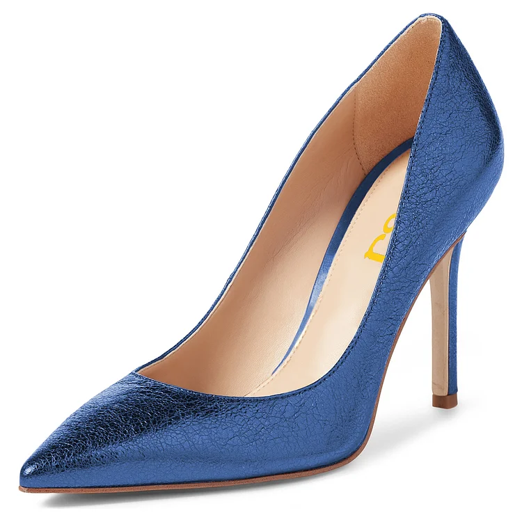Blue Textured Vegan Leather Pointed Toe Stiletto Heel Pumps for Women |FSJ Shoes