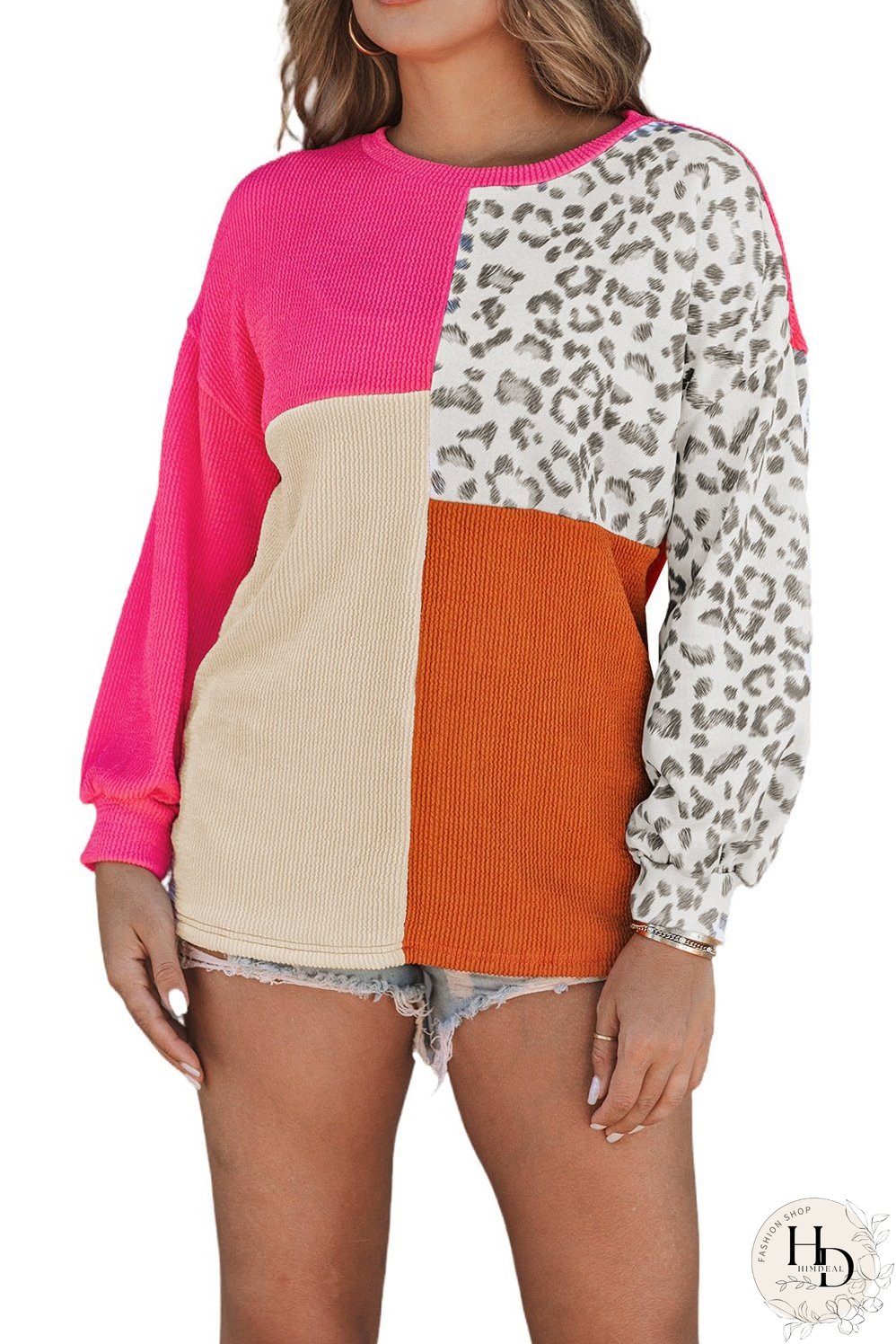 Pink Leopard Patchwork Color Block Ribbed Top