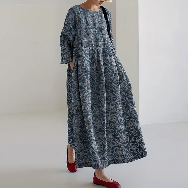 Vintage Japanese Traditional Sashiko SevenBerry Art Cropped Print Casual Midi Dress
