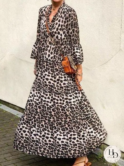 Dresses V-Neck Leopard Print Boho Long Sleeve Dress for Women